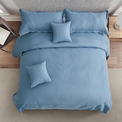 HZ & HY Oversized King Bedspread 128x120 Extra Wide, Ultrasonic Coverlet Bedding Set, Lightweight Thin Comforter, Reversible, 5 Piece, 100% Microfiber, Ashley Blue