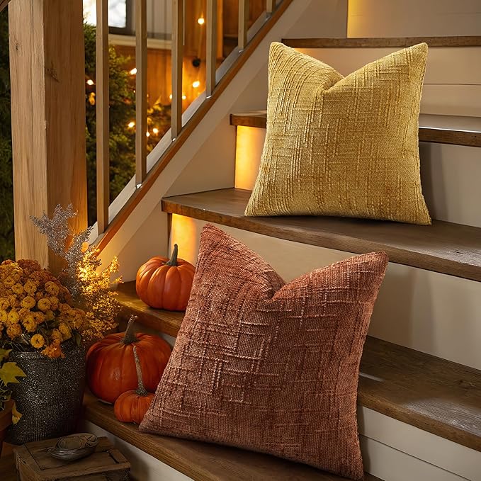 decorUhome Spring Rust Chenille Throw Pillow Covers 16x16 Set of 2 Textured Slubby Couch Pillow Covers Farmhouse Accent Modern Neutral Decorative Pillow Cases for Bed Sofa Living Room