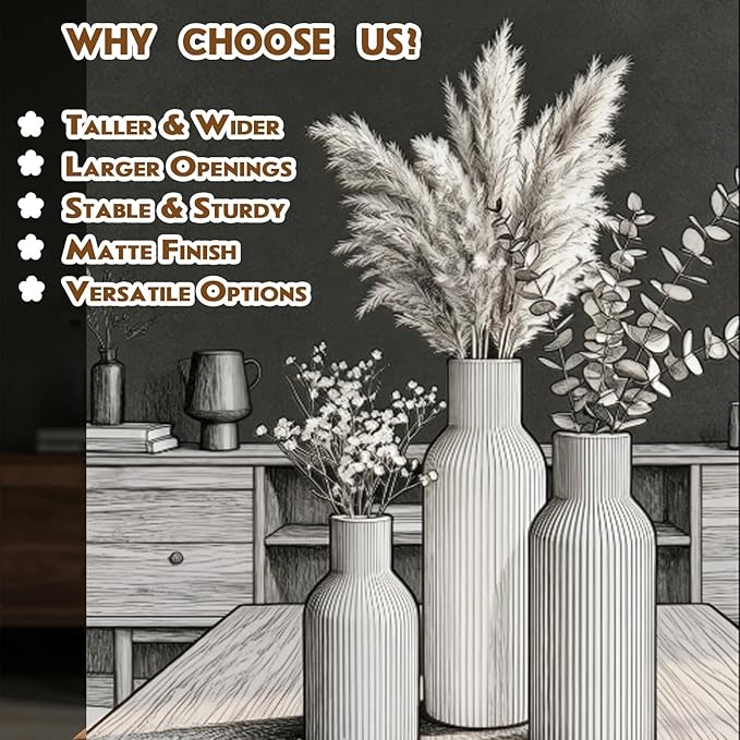 Ceramic Vase Set of 3, Modern Ribbed Boho Vases for Home Decor, Assorted Sizes Decorative Flower Vases for Pampas Grass, Dried Flowers,Shelf, Table Centerpiece