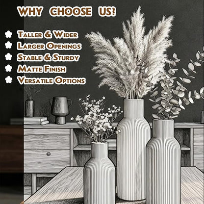 Ceramic Vase Set of 3, Modern Ribbed Boho Vases for Home Decor, Assorted Sizes Decorative Flower Vases for Pampas Grass, Dried Flowers,Shelf, Table Centerpiece