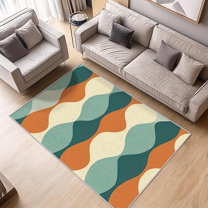 Mid Century Rug Orange - Mid Century Contemporary Area Rug, 4x7 Rug, Abstract Colorful Geometric Rug & Home Decor, Retro Wave Carpet & Room Decor, Washable Non Slip Anti Skid Rugs