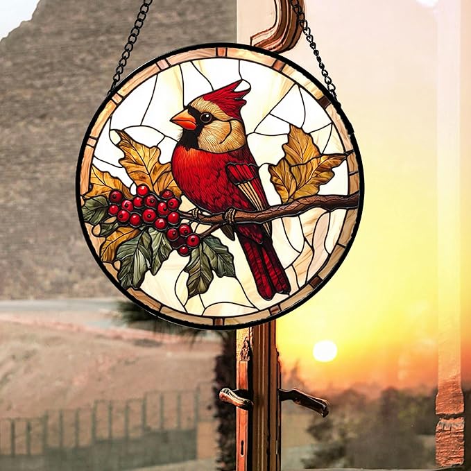 DASTOLL Stained Glass Window Hanging, Birds on a Branch Cardinal Sun Catchers Diamond Glass Panel Hangings Suncatcher Decor for Birthday for Women, Men, Wife, Aunt, and Mom 14.9x14.9 in
