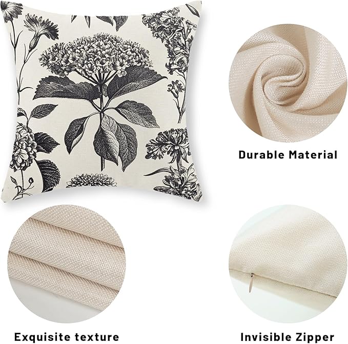 Black Pillow Covers 20x20 Set of 2 Vintage Boho Floral Hydrangea Herbs Botanical Throw Pillow Cover Outdoor Flower Decoration Pillowcase Linen Farmhouse Cushion Case Decorative for Couch Sofa