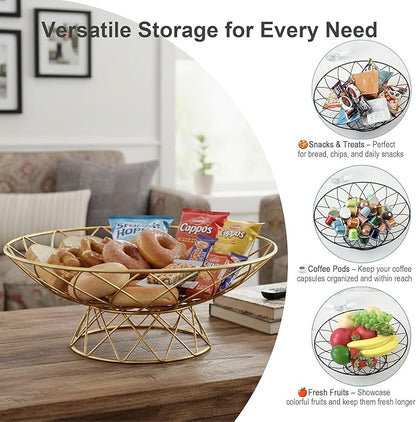 Large Metal Wire Fruit Bowl, Round Mesh Fruit Basket for Kitchen Countertop, Modern Decorative Bread Vegetable Storage Holder Organizer(Gold)