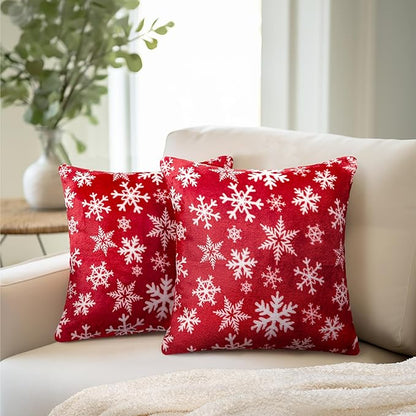 PAVILIA Holiday Throw Pillow Covers 18x18 Set of 2, Decorative Pillow Cases Bed Sofa Couch, Christmas Winter Accent Decor Cushion Bedroom Living Room, Velvet Square Euro Sham Covers, Snowflake Red