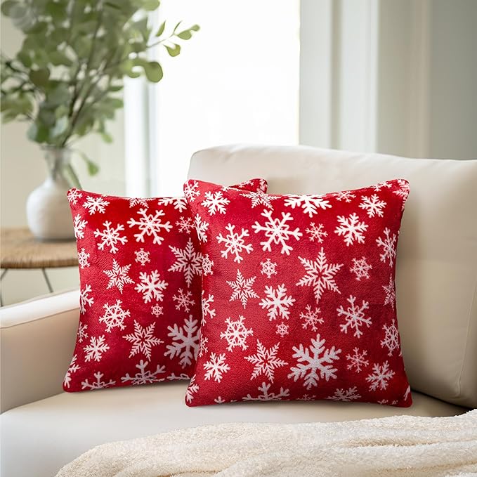 PAVILIA Holiday Throw Pillow Covers 20x20 Set of 2, Decorative Pillow Cases Bed Sofa Couch, Christmas Winter Accent Decor Cushion Bedroom Living Room, Velvet Square Euro Sham Covers, Snowflake Red