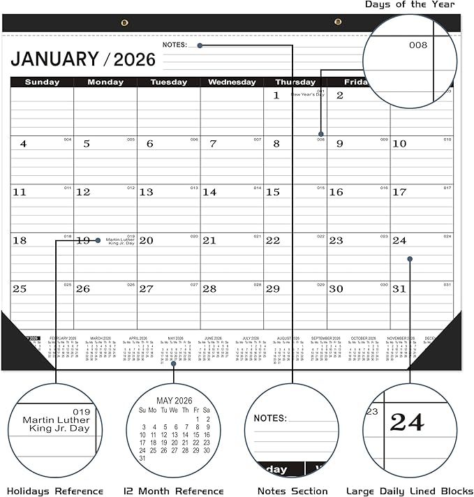Desk Calendar 2026(January 2026 - June 2027)，2026 Desk Calendar Large 22 x17，2026 Calendar,Classic Black,Large Calendar 2026-2027 with Plastic Cover