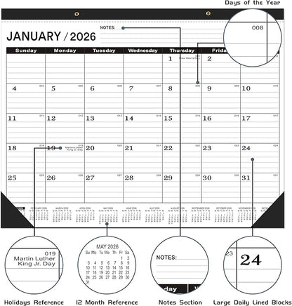 Desk Calendar 2026(January 2026 - June 2027)，2026 Desk Calendar Large 22 x17，2026 Calendar,Classic Black,Large Calendar 2026-2027 with Plastic Cover