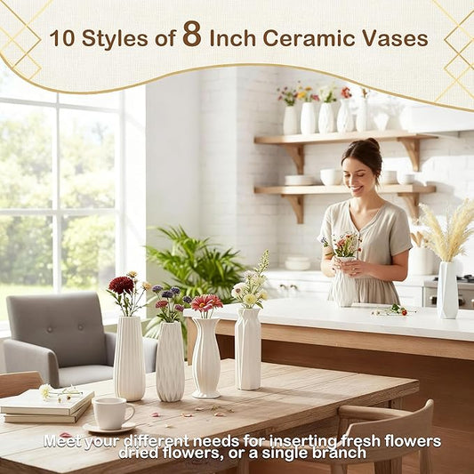 10-Piece 8 Inch White Ceramic Vases Set - Minimalist White Vases for Home Decor, Weddings, Pampas Grass & DIY Crafts | Rustic Matte White Ceramic Vases Bulk