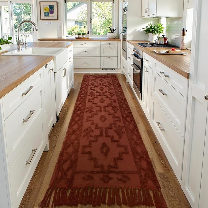 Uphome Boho Runners for Hallways 2.6' x 10', Washable Farmhouse Entryway Runner Rug, Cotton Tufted Bedroom Runner Rugs, Bohemian Tribal Aesthetic Rug for Kitchen Doorway Bathroom, Terracotta