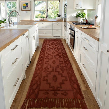 Uphome Boho Runners for Hallways 2.6' x 10', Washable Farmhouse Entryway Runner Rug, Cotton Tufted Bedroom Runner Rugs, Bohemian Tribal Aesthetic Rug for Kitchen Doorway Bathroom, Terracotta
