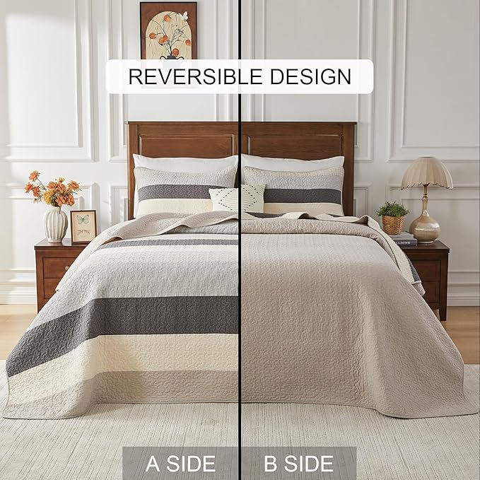 SahSahCasa 100% Cotton 102"x120" Oversized Queen Quilt Bedspread - Quilted Extra Large Comforter Lightweight Bedding Set, XL Striped Wide Bed Spread Coverlet, 3pcs, Light Taupe/Light Ivory/Gray