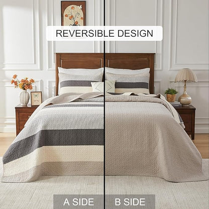 SahSahCasa 100% Cotton 102"x120" Oversized Queen Quilt Bedspread - Quilted Extra Large Comforter Lightweight Bedding Set, XL Striped Wide Bed Spread Coverlet, 3pcs, Light Taupe/Light Ivory/Gray