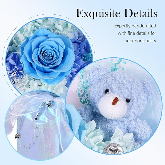 Preserved Flowers Bouquet with Bear, Real Forever Flowers for Delivery, Long-Lasting Blue Eteranl Roses Bouquet, Anniversary Birthday Valentine Gifts for Women Men Mom Grandma Her Wife Girlfriend