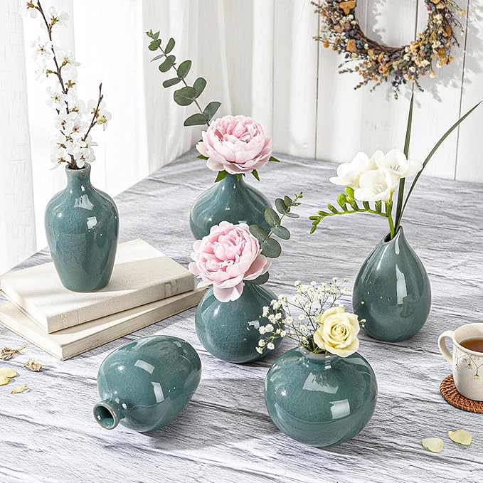 FoldTier 6 Pcs Green Mini Ceramic Bud Vase Vintage Flower Vases Ice Cracked for Farmhouse Rustic Boho Style Table Shelves Home Office Decor Gifts(Classical,Green)