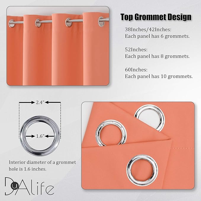 DUALIFE Light Peach Coral Colored Curtains 63 Inches Long 2 Panels Set Thermal Insulated Grommet Room Darkening Curtain Panels for Girls Bedroom 42 W x 63 L Inch Orange Coral