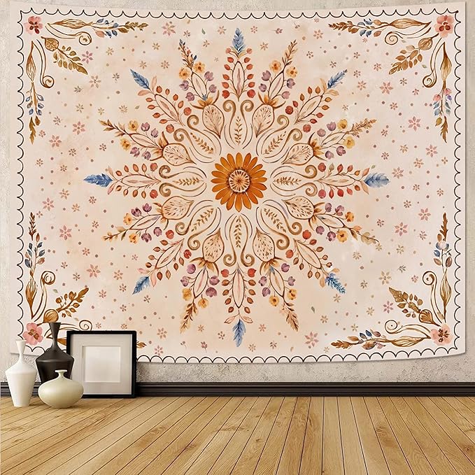 Fowocu Boho Floral Mandala Tapestry for Bedroom Aesthetic Watercolor Bohemian Flower Wall Tapestry Brown Beige Hippie Indian Extra Large Tapestries Wall Hanging for Living Room Dorm Decor 90 x 68 Inch