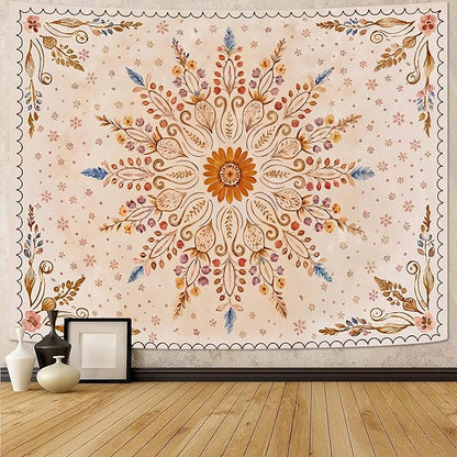 Fowocu Boho Floral Mandala Tapestry for Bedroom Aesthetic Watercolor Bohemian Flower Wall Tapestry Brown Beige Hippie Indian Extra Large Tapestries Wall Hanging for Living Room Dorm Decor 90 x 68 Inch