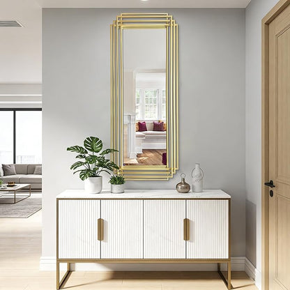 Gold Rectangle Mirror, 55"x22" Geometric Art Deco Mirror with Metal Frame, Large Modern Elegant Wall Mirrors for Living Room Bathroom Entryway Hallway, Hangs Vertically or Horizontally