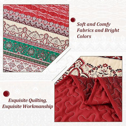 WONGS BEDDING Boho Quilt Set Full, Red Bohemian Quilt Bedding Set, Ultra Soft Lightweight Bedspread for All Season Reversible Microfiber Coverlet Bedding Set 90"x78"(3 Pieces)