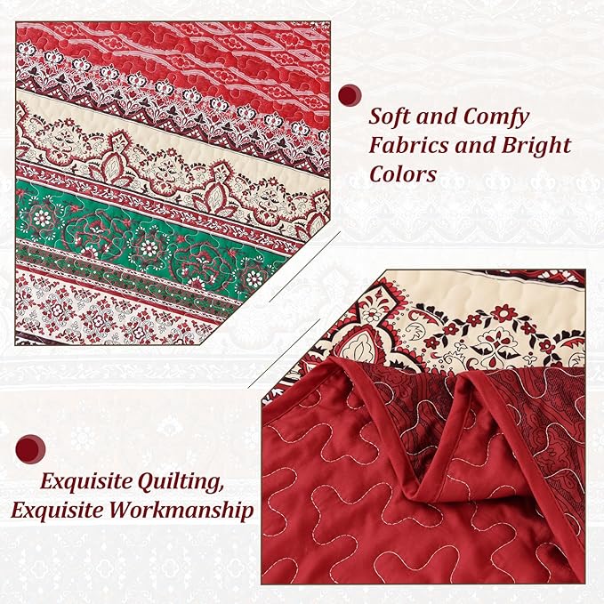 WONGS BEDDING Boho King Quilt Set, Red Bohemian Quilt Bedding Set, Lightweight Bed Decor Bedspread for All Season Reversible Microfiber Coverlet Bedding Set 103"x90"(3 Pieces)