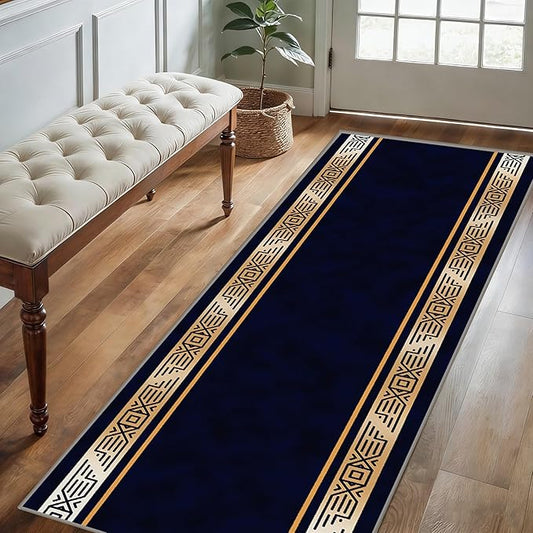 Abstract Navy Blue Runner for Entryway, 4x12ft, Retro Luxury Gold Geometric Border Living Room Rug, Print Fade Resistant Absorbent Dirty Resistant Long Indoor Rugs for Bedside Sofa