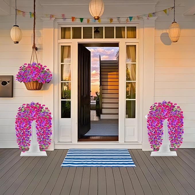 Artificial Fake Hanging Flowers Plants for Outdoor Fall Decoration, 4PCS UV Resistant Look Real Trailing Vines for Outside Home Planter Porch Patio Mums Autumn Decor (Purple&Pink Rose)
