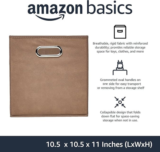 Amazon Basics Collapsible Cube Storage Organizer Bins, 6-Pack, 10.5 x 10.5 x 11 inches, Taupe