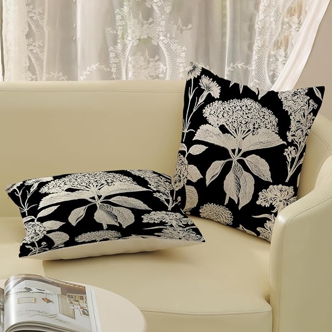 Black Pillow Covers 18x18 Inch Set of 2 Vintage Boho Floral Hydrangea Herbs Botanical Throw Pillows Outdoor Flower Decoration Pillowcase Linen Farmhouse Cushion Case Decorative for Couch Sofa