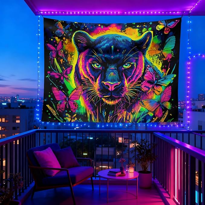 seewan Black Light Black Panther Tapestry, Glow-in-the-Dark UV Neon Butterfly and Black Panther Wall Hanging, Psychedelic Animal Art Tapestry, Bedroom Dorm Living Room Background Decor