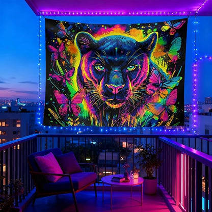 seewan Black Light Black Panther Tapestry, Glow-in-the-Dark UV Neon Butterfly and Black Panther Wall Hanging, Psychedelic Animal Art Tapestry, Bedroom Dorm Living Room Background Decor