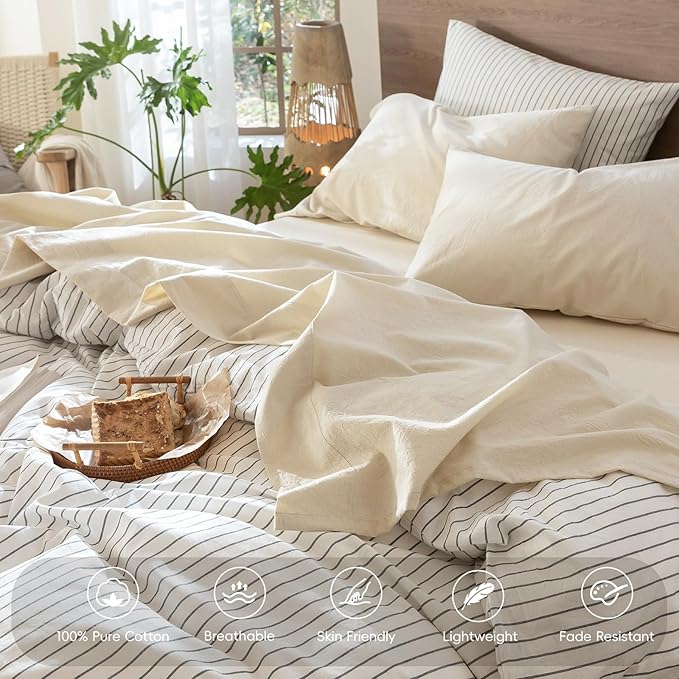 MooMee Bedding Sheet Set 100% Washed Cotton Linen Like Textured Breathable Durable Soft Comfy (Heathered Almond Milk Grey, King)