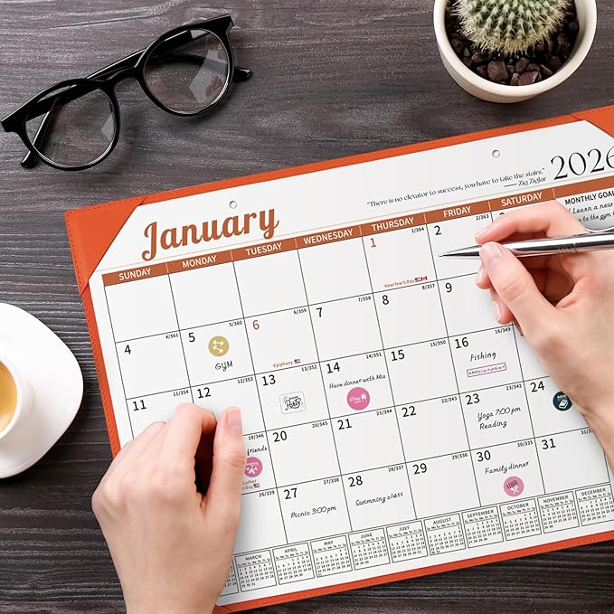 Ospelelf Desk Calendar 2026-2027 Wall Monthly Planner 12"x17" Leather Pad with Protective Cover 18 Months January 2026 - June 2027 Orange