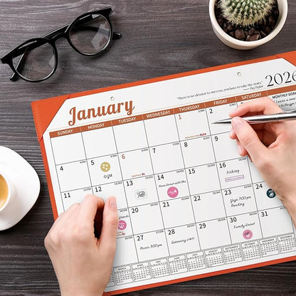 Ospelelf Desk Calendar 2026-2027 Wall Monthly Planner 12"x17" Leather Pad with Protective Cover 18 Months January 2026 - June 2027 Orange