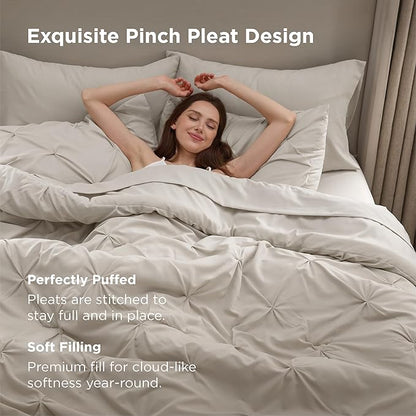 Bedsure Queen Comforter Set Linen - Bed in a Bag Queen Size Bedding 7 Pieces, GentleSoft™ Pintuck Bed Set Gift for Family, Pinch Pleat All Season Comforter with Sheets, Pillowcases & Shams
