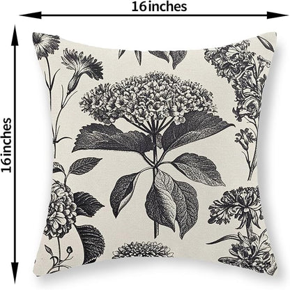 Black Pillow Covers 16x16 Set of 2 Vintage Boho Floral Hydrangea Herbs Botanical Throw Pillow Cover Outdoor Flower Decoration Pillowcase Linen Farmhouse Cushion Case Decorative for Couch Sofa