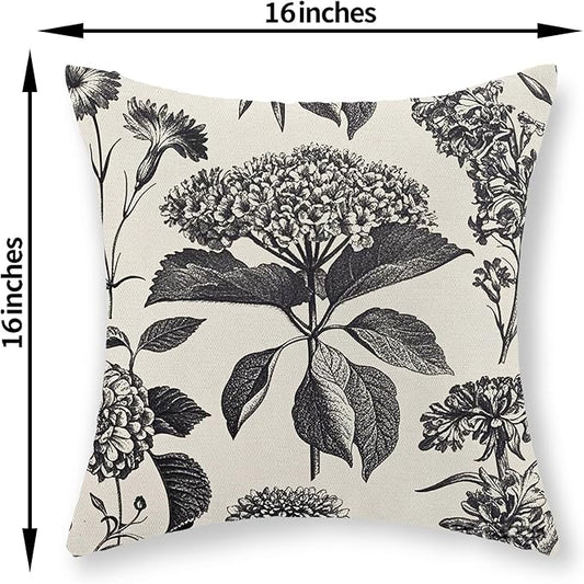 Black Pillow Covers 16x16 Set of 2 Vintage Boho Floral Hydrangea Herbs Botanical Throw Pillow Cover Outdoor Flower Decoration Pillowcase Linen Farmhouse Cushion Case Decorative for Couch Sofa