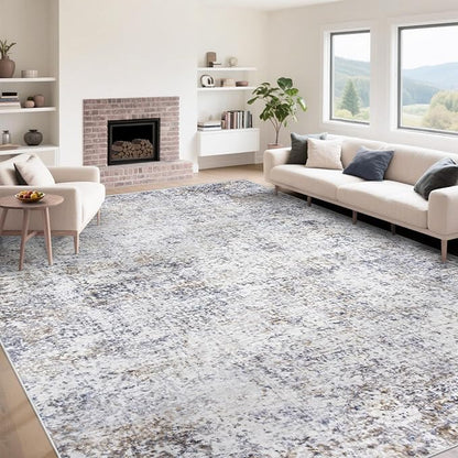 9x12 Area Rugs for Living Room, Washable Modern Abstract Large Area Rug Neutral Soft Non Slip Kids Rug Stain Resistant Indoor Carpet for Bedroom Dining Room Playroom Home Office(Blue Grey, 9'x12')