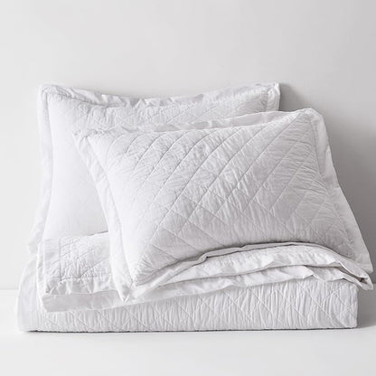 WDCOZY 100% Pre-Washed Cotton Oversized King Size Quilt Set - White California Cal King Soft Lightweight Bedspread, Textured Like Linen, Farmhouse Country Rustic Coverlet, Diamond Stitch Bedding
