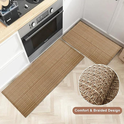 Kitchen Rugs,Kitchen Mats for Floor,Non Slip Washable 20"x 30"+20"x 48" Neutral Braided Rug,Faux Jute Rug with Non Slip Backing for Kitchen,Solid,Easy Clean,Area Rugs Sets of 2Pcs,Light Brown