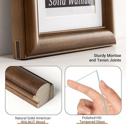 Heimlove 6x8 Picture Frame,6 x 8 Natural Solid Walnut Wood Frame with Tempered Glass,6"x8" Handcrafted Wood Frame Matted to 5x7 Photos for Wall or Tabletop Family picture Display,1 Pack