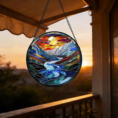 Stained Glass Window Hanging, Canyon Mountains Sunset View Sun Catcher for Window Home Decor Landscape Suncatcher Mother's Day Birthday Gifts for Women Men Mom and Nana 7.8 in