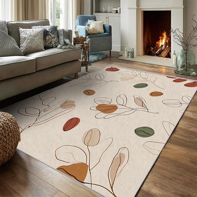 Bohemian Rug, 5x8 Area Rugs Modern Simple Abstract Line Art Leaf Pattern for Living Room, Bedroom, Bohemian Home Decor Accessories Indoor Carpet, Non Slip & Machine Washable