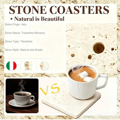 Stone Coasters Set 4PC Natural Travertine, Stone Drink Coaster for Coffee Table Desk,Thick Wood Cork Coaster, Table Cup Mat, Friends houswarming Gift for Furniture, Kitchen, Bar, Wedding