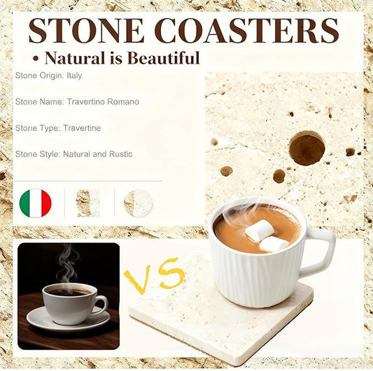 Stone Coasters Set 4PC Natural Travertine, Stone Drink Coaster for Coffee Table Desk,Thick Wood Cork Coaster, Table Cup Mat, Friends houswarming Gift for Furniture, Kitchen, Bar, Wedding