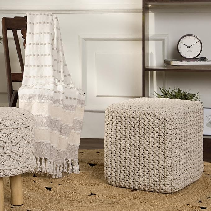 REDEARTH · Square Pouf Ottoman Foot Stool - Hand Knitted Bean Bag - Cord Boho Pouffe - Accent Poof for Living Room - Nursery - Bedroom - Kids Bedroom - Patio (16" x 16" x 16") - Ivory, Set of 2