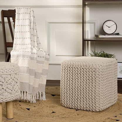 REDEARTH · Square Pouf Ottoman Foot Stool - Hand Knitted Bean Bag - Cord Boho Pouffe - Accent Poof for Living Room - Nursery - Bedroom - Kids Bedroom - Patio (16" x 16" x 16") - Ivory, Set of 2