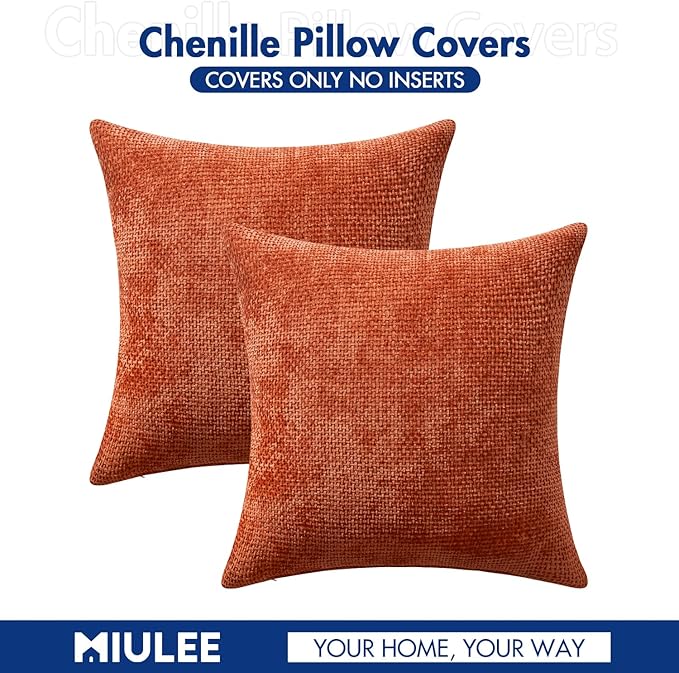 MIULEE Pack of 2 Burnt Orange Decorative Pillow Covers 20x20 Inch Soft Chenille Couch Throw Pillows Farmhouse Cushion Covers for Home Decor Sofa Bedroom Living Room
