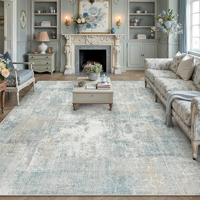 9x12 Area Rug Blue Cream Abstract Living Room Bedroom Washable Carpet Neutral Modern Non-Slip Soft Low Pile Lightweight Vacuumable Large Throw Rug for Dining Room
