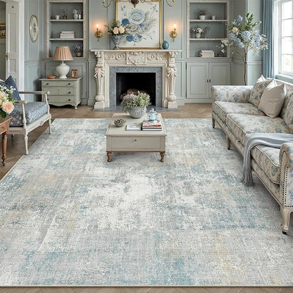 9x12 Area Rug Blue Cream Abstract Living Room Bedroom Washable Carpet Neutral Modern Non-Slip Soft Low Pile Lightweight Vacuumable Large Throw Rug for Dining Room